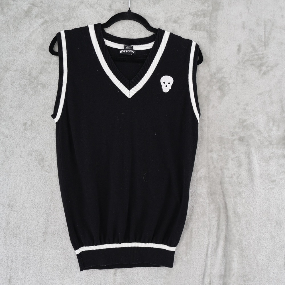 Hot Topic Sweater Vest Womens M Black Skull Preppy Mall Goth Emo Dark Academia